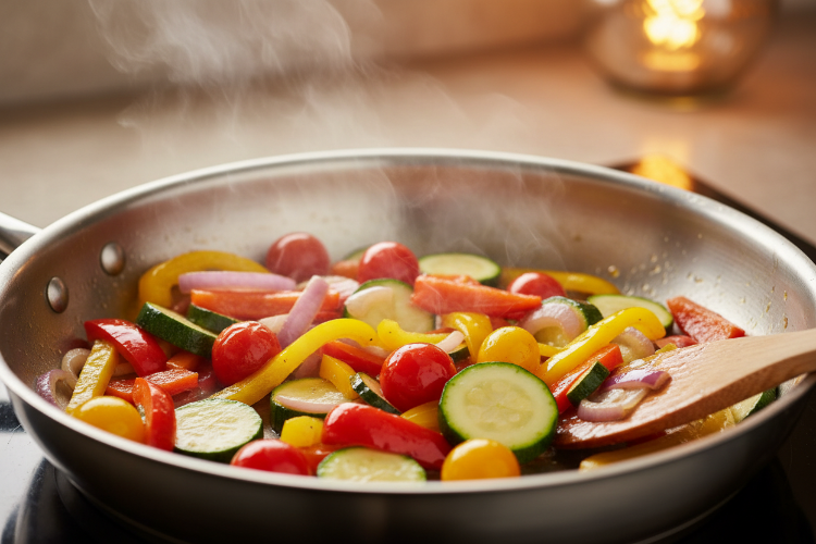 sauteeing vegetables in a frying pan