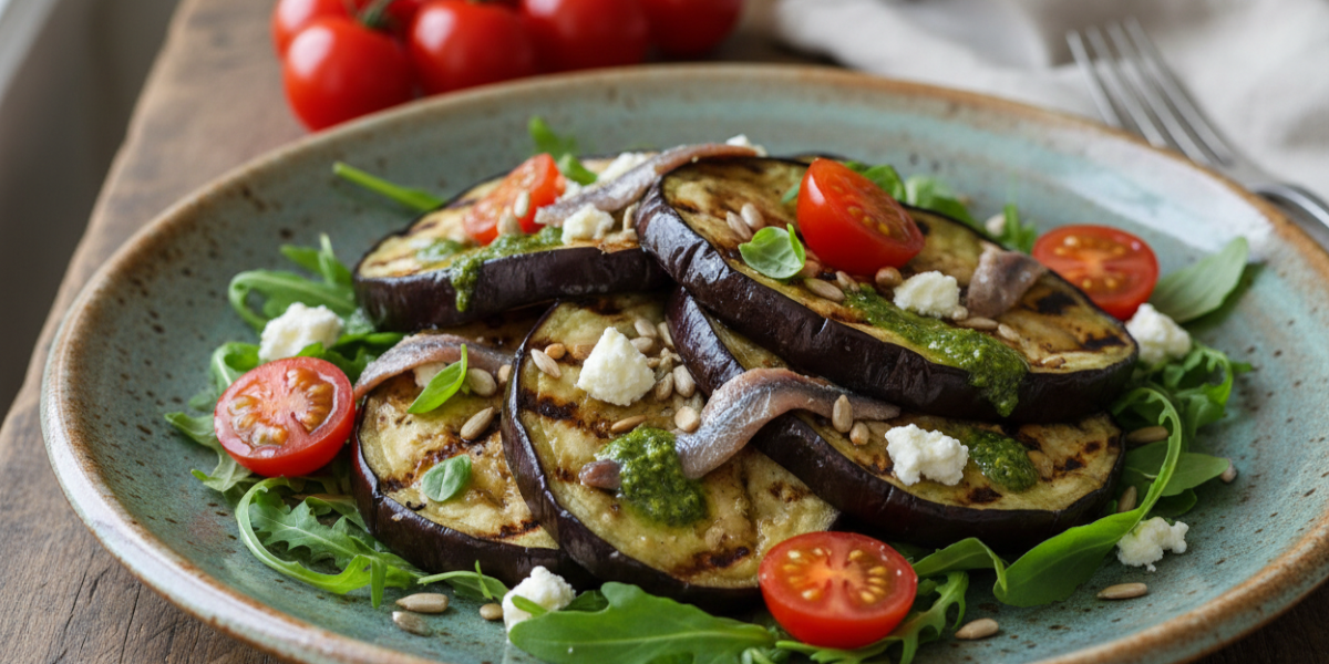 Grilled aubergines with anchovies and basil dressing